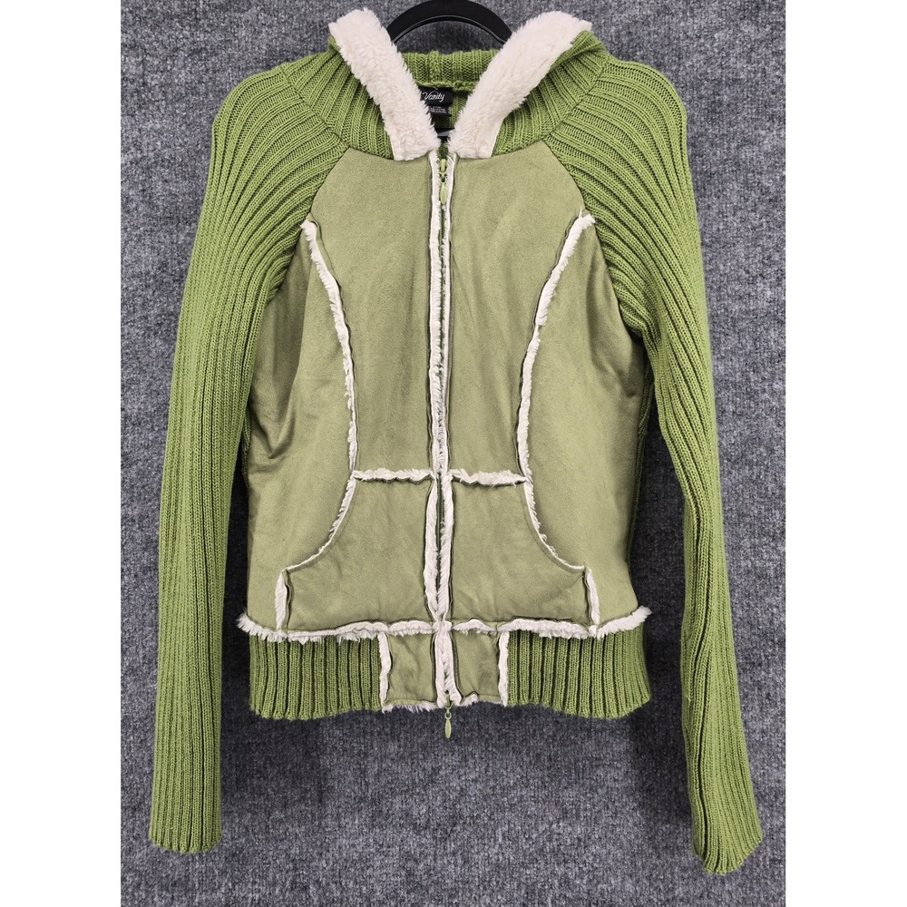 Vanity Sweater Jacket Juniors L Green Faux Suede Fur Trim Ribbed Hoodie Vtg Y2K